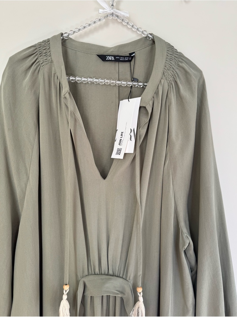 Zara Olive Green Long Sleeve Midi Dress with Tassel Tie Size XL NWT - Picture 4 of 6